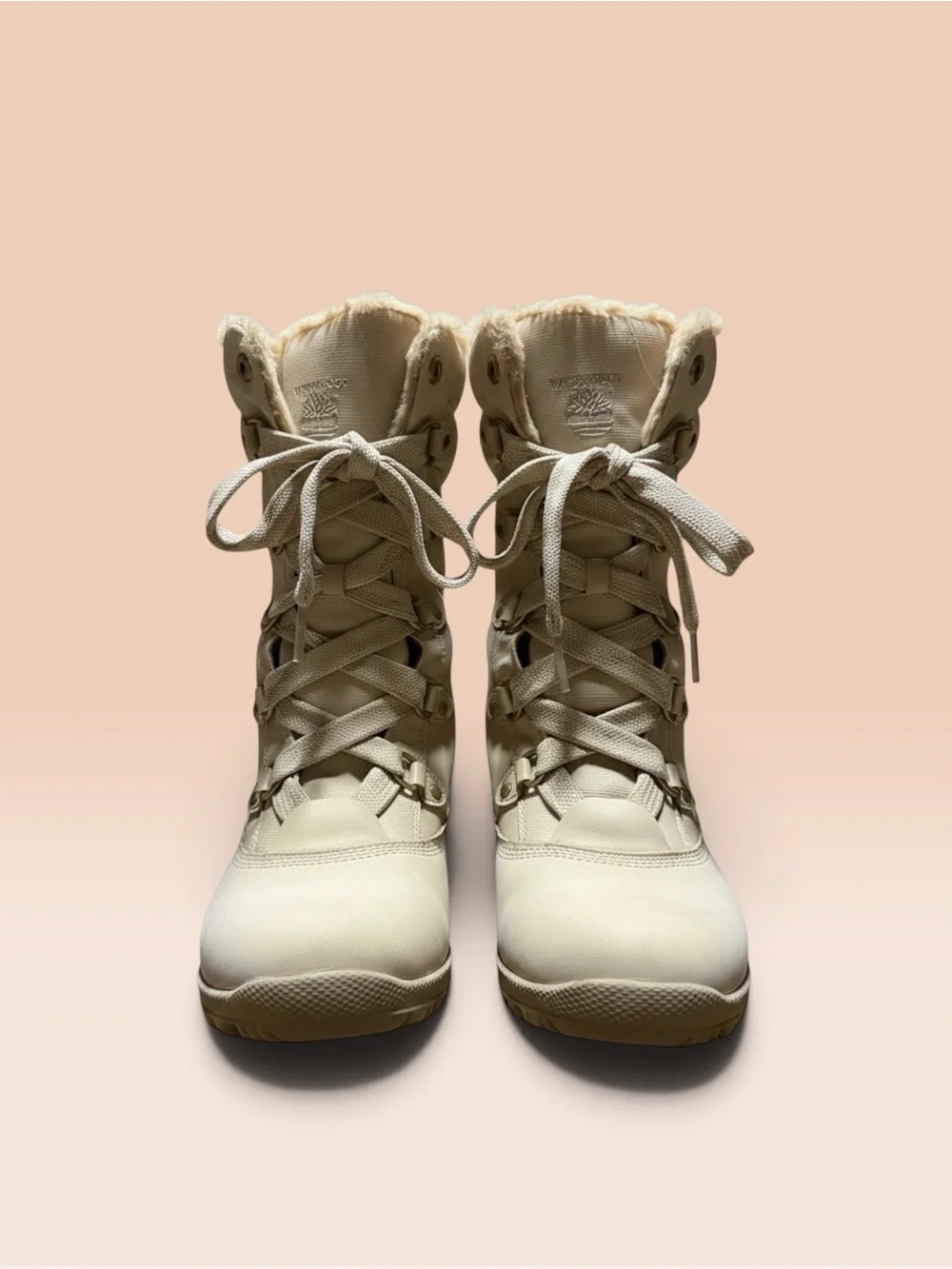 Timberland Unisex Beige Leather Waterproof Faux Fur Lace-Up Mid-Calf Boots 7.5